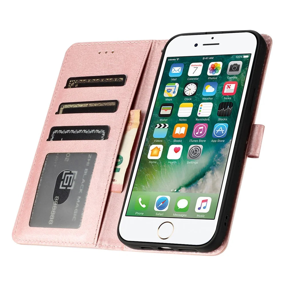 For iPhone 6 / 6s / 7 / 8 / SE (2020) / SE (2022) Phone Stand PU Leather Cover Silk Texture Wallet Case with Wrist Strap - Rose Gold - 2