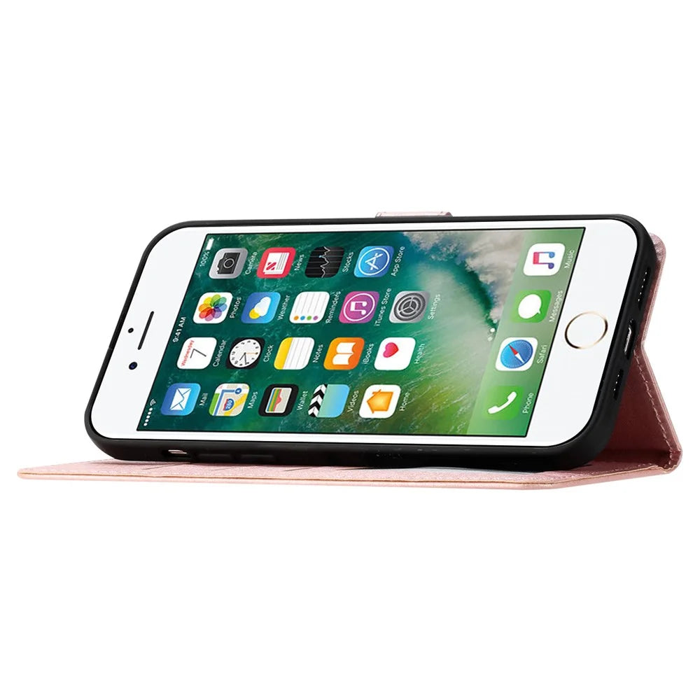 For iPhone 6 / 6s / 7 / 8 / SE (2020) / SE (2022) Phone Stand PU Leather Cover Silk Texture Wallet Case with Wrist Strap - Rose Gold - 3