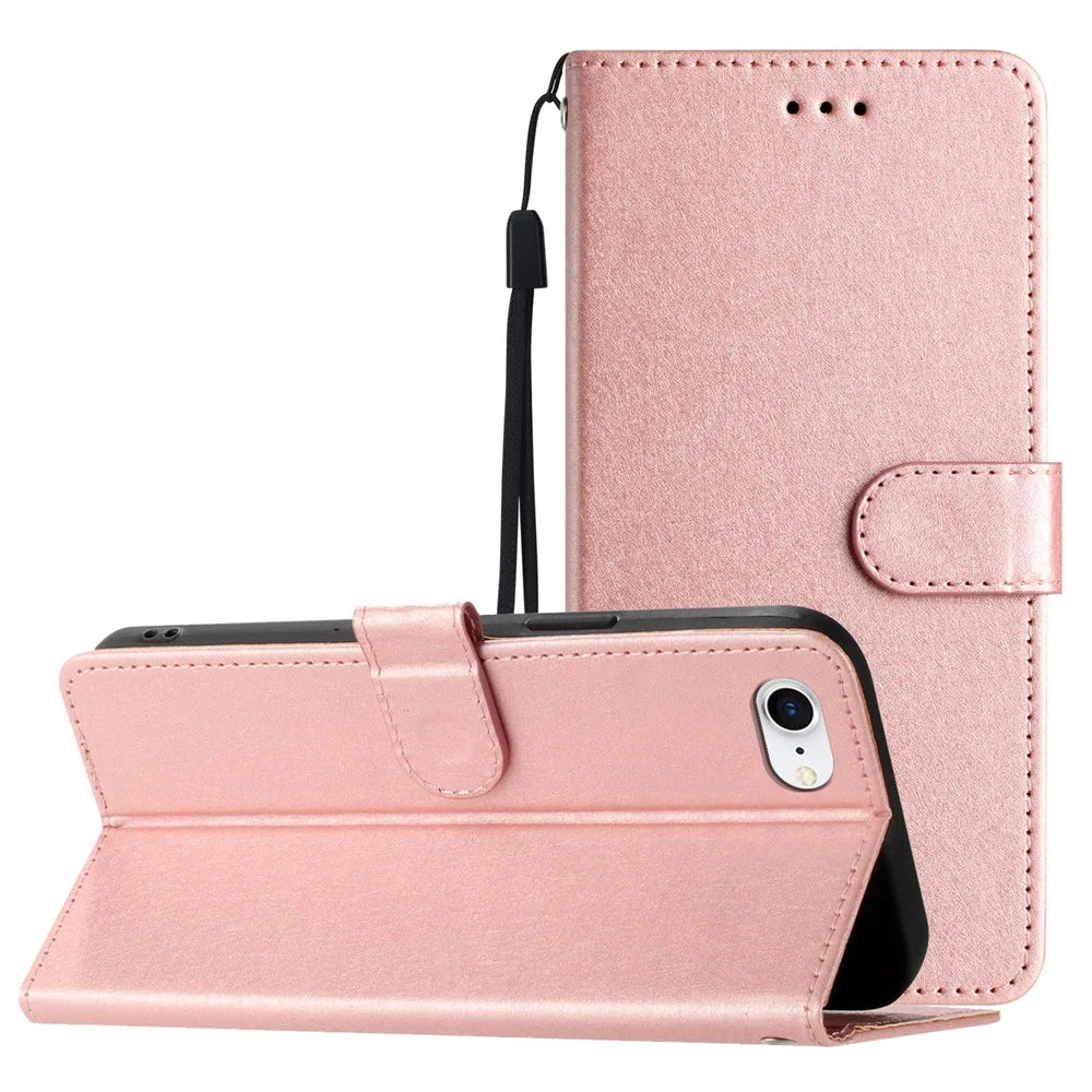 For iPhone 6 / 6s / 7 / 8 / SE (2020) / SE (2022) Phone Stand PU Leather Cover Silk Texture Wallet Case with Wrist Strap - Rose Gold - 7