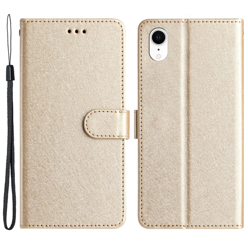 Wallet Case for iPhone XR 6.1 inch Silk Texture PU Leather Phone Stand Cover with Wrist Strap - Gold - 1