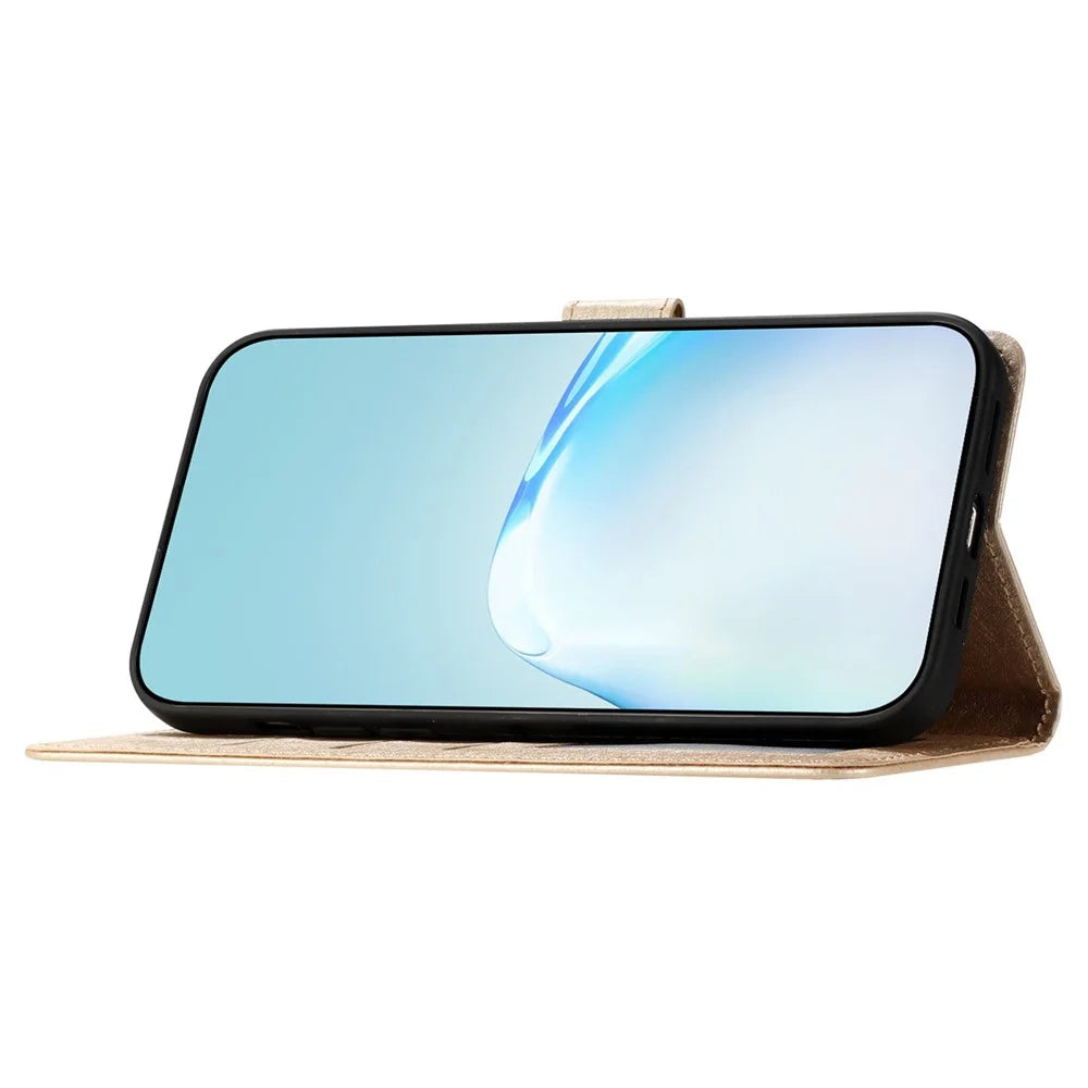 Wallet Case for iPhone XR 6.1 inch Silk Texture PU Leather Phone Stand Cover with Wrist Strap - Gold - 3