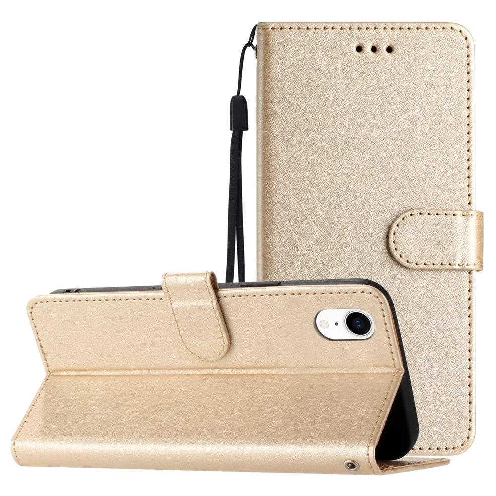 Wallet Case for iPhone XR 6.1 inch Silk Texture PU Leather Phone Stand Cover with Wrist Strap - Gold - 7