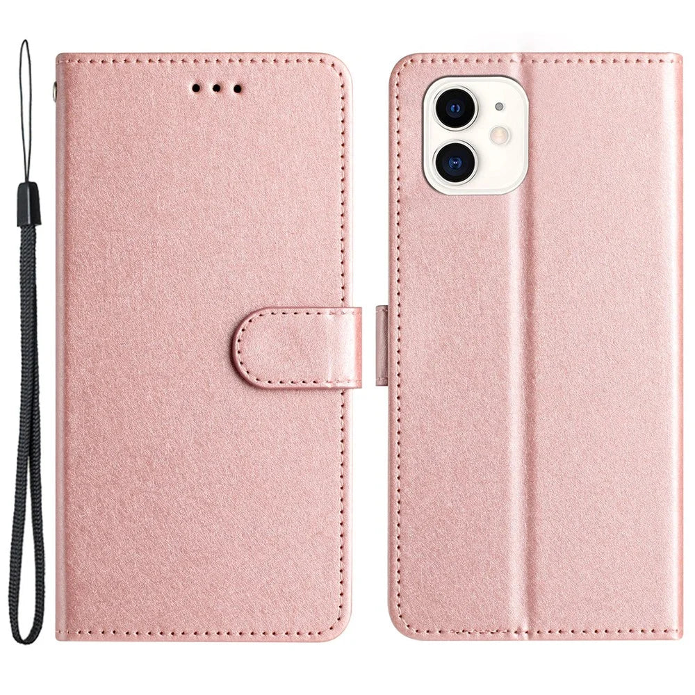 Anti-scratch Case for iPhone 11 Silk Texture PU Leather Wallet Phone Stand Cover with Wrist Strap - Rose Gold - 1