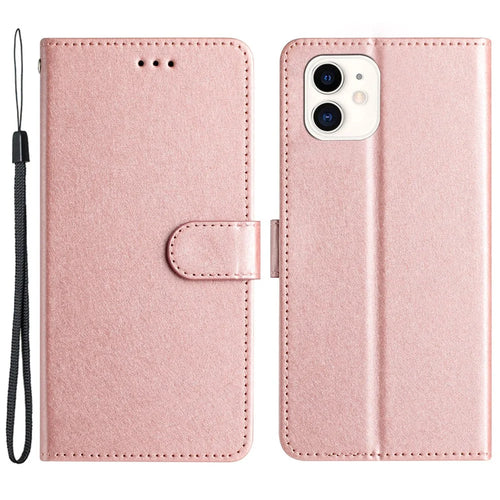 Anti-scratch Case for iPhone 11 Silk Texture PU Leather Wallet Phone Stand Cover with Wrist Strap - Rose Gold - 1