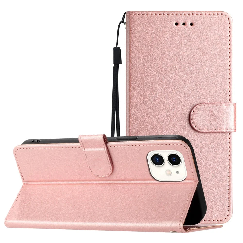 Wallet Stand Case for iPhone 12 mini 5.4 inch Silk Texture PU Leather Phone Cover with Wrist Strap - Rose Gold - 7