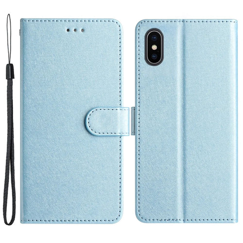 PU Leather Case for iPhone X / XS Silk Texture Phone Cover Wallet Stand with Wrist Strap - Sky Blue - 1