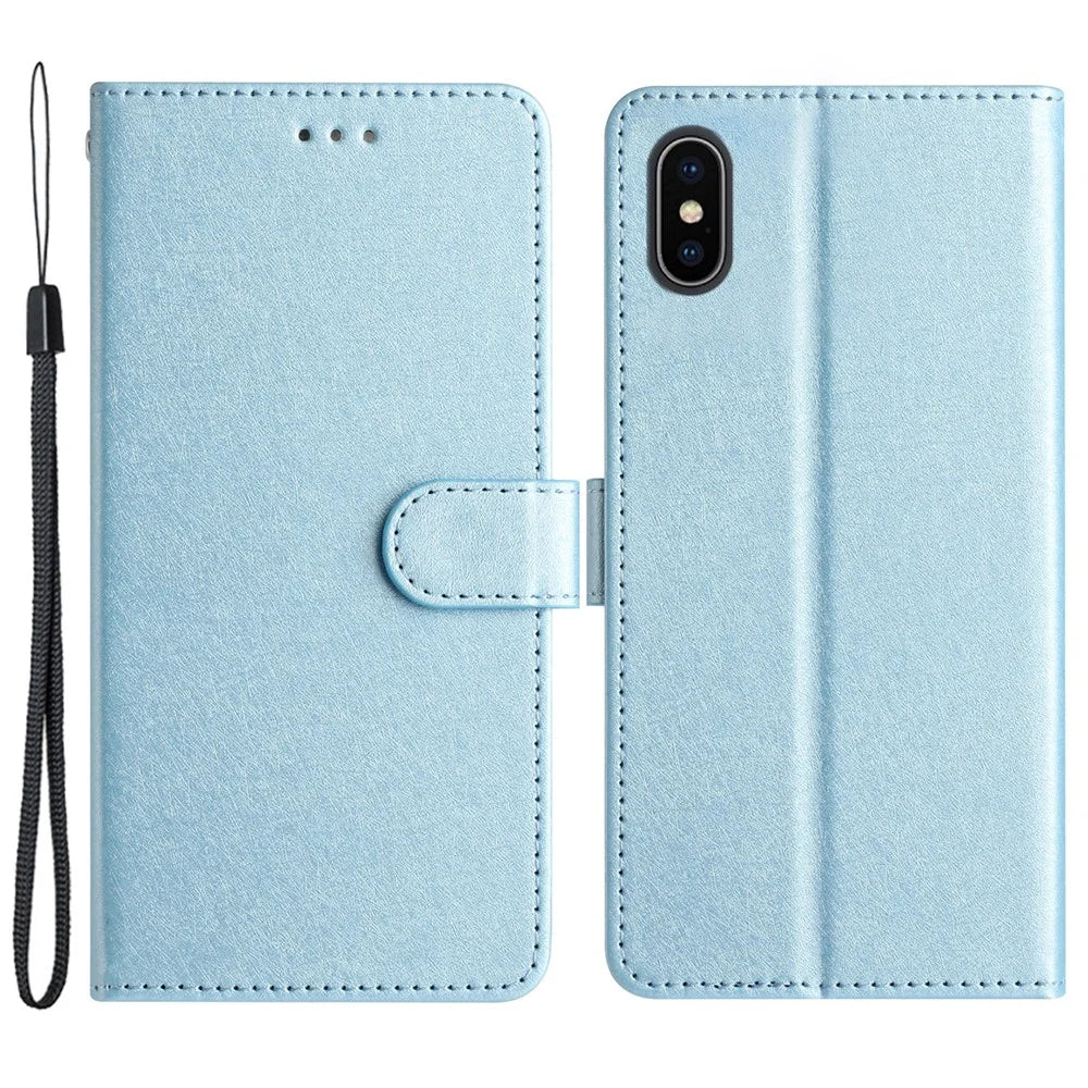 PU Leather Case for iPhone X / XS Silk Texture Phone Cover Wallet Stand with Wrist Strap - Sky Blue - 1