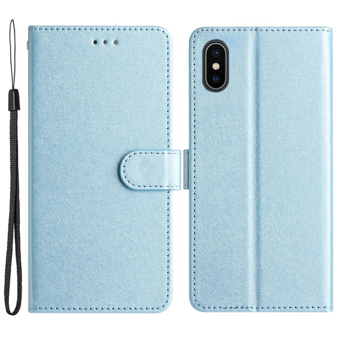 PU Leather Case for iPhone X / XS Silk Texture Phone Cover Wallet Stand with Wrist Strap - Sky Blue - 1