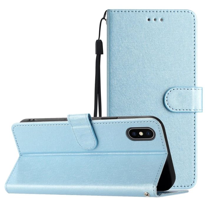 PU Leather Case for iPhone X / XS Silk Texture Phone Cover Wallet Stand with Wrist Strap - Sky Blue - 7