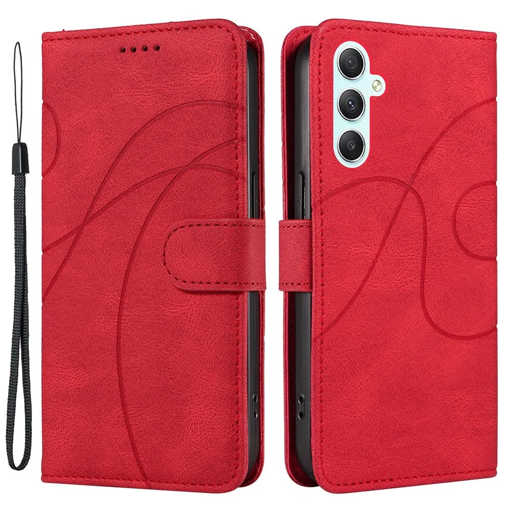 PU Leather Cover for Samsung Galaxy A34 5G , Lines Imprinted Stand Wallet Phone Case - Red - 1