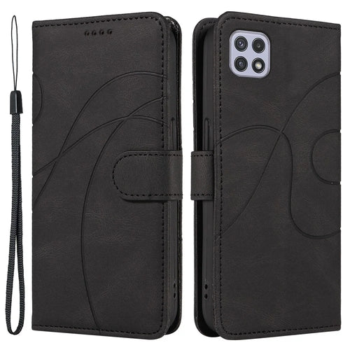 For Samsung Galaxy A22 5G (EU Version) A22S PU Leather Phone Case Imprinted Line Wallet Stand Shell - Black - 1