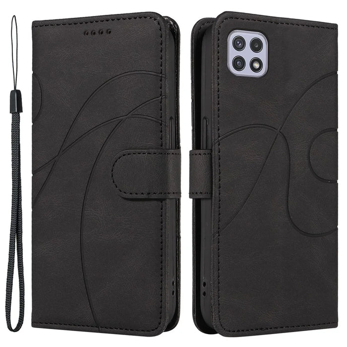 For Samsung Galaxy A22 5G (EU Version) A22S PU Leather Phone Case Imprinted Line Wallet Stand Shell - Black - 1