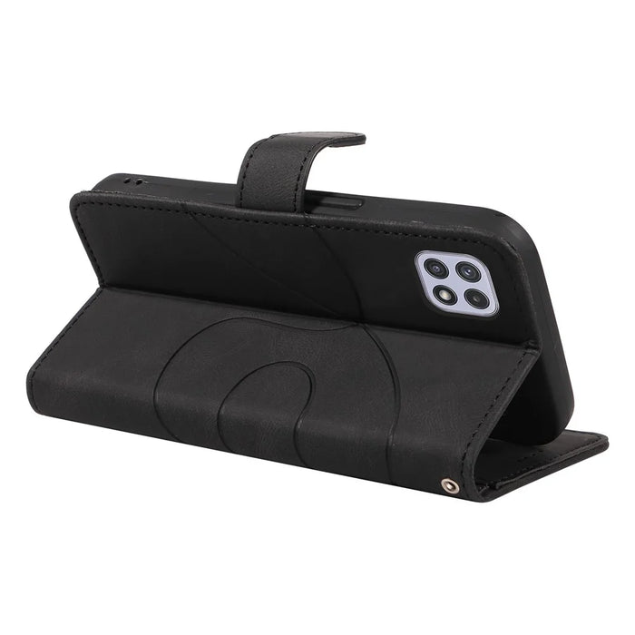 For Samsung Galaxy A22 5G (EU Version) A22S PU Leather Phone Case Imprinted Line Wallet Stand Shell - Black - 3