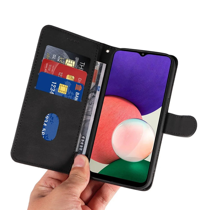For Samsung Galaxy A22 5G (EU Version) A22S PU Leather Phone Case Imprinted Line Wallet Stand Shell - Black - 5
