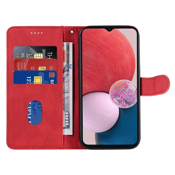 For Samsung Galaxy A13 4G / 5G Wallet Phone Cover PU Leather Imprinted Line Case with Stand - Red - 2