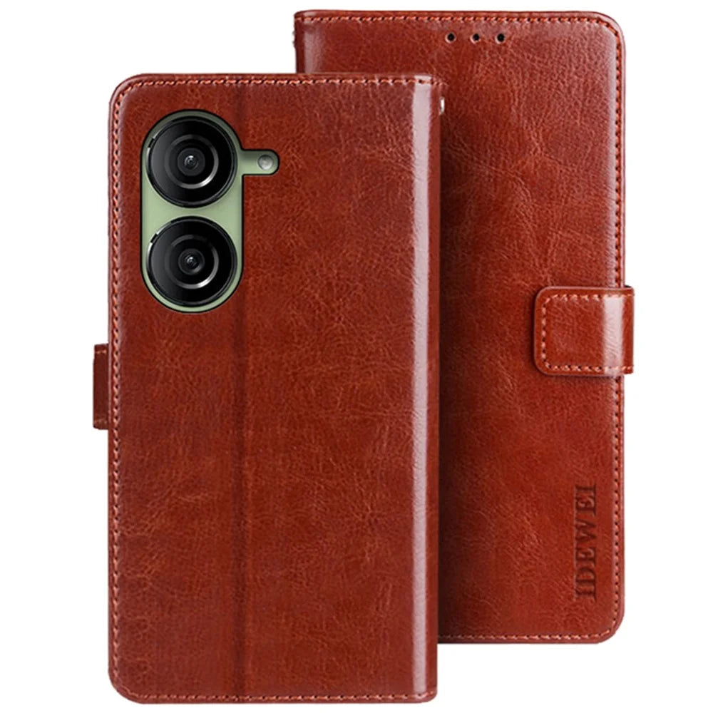 IDEWEI Wallet Phone Case for Asus Zenfone 10 5G Crazy Horse Texture Anti-Drop Leather Flip Cover - Brown - 1