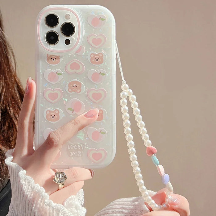 TPU Phone Case For iPhone 14 Pro Max , Peach Bear Pattern Decor Phone Shell Flexible Cover with Pearl Chain - 2