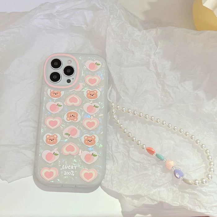 TPU Phone Case For iPhone 14 Pro Max , Peach Bear Pattern Decor Phone Shell Flexible Cover with Pearl Chain - 3