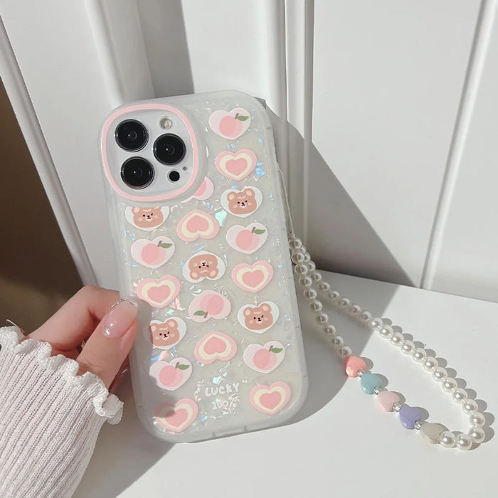TPU Phone Case For iPhone 14 Pro Max , Peach Bear Pattern Decor Phone Shell Flexible Cover with Pearl Chain - 4
