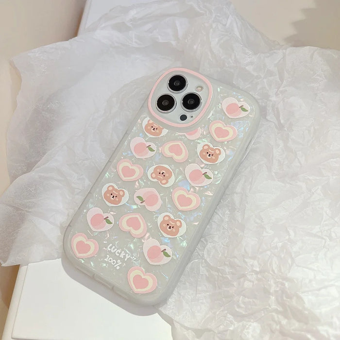 TPU Phone Case For iPhone 14 Pro Max , Peach Bear Pattern Decor Phone Shell Flexible Cover with Pearl Chain - 6