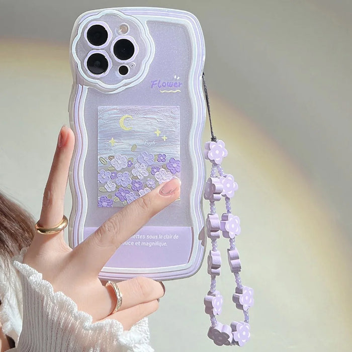 For iPhone 12 Pro Max Clear Phone Shell Oil Painting Pattern Cover TPU Phone Case with Flower Decor Hand Strap - 2