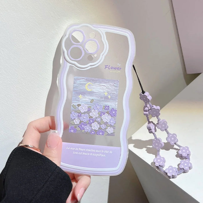 For iPhone 14 Pro Flexible TPU Phone Case Oil Painting Pattern Mobile Phone Shell with Flower Decor Hand Strap - 4