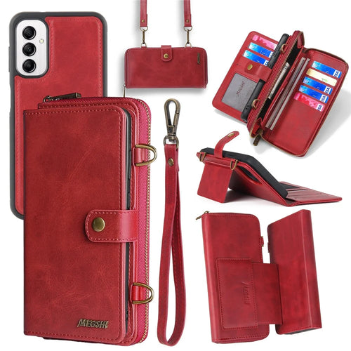MEGSHI 020 Series for Samsung Galaxy A14 4G / 5G Leather Phone Case Detachable 2-in-1 Wallet Stand Cover - Red - 1