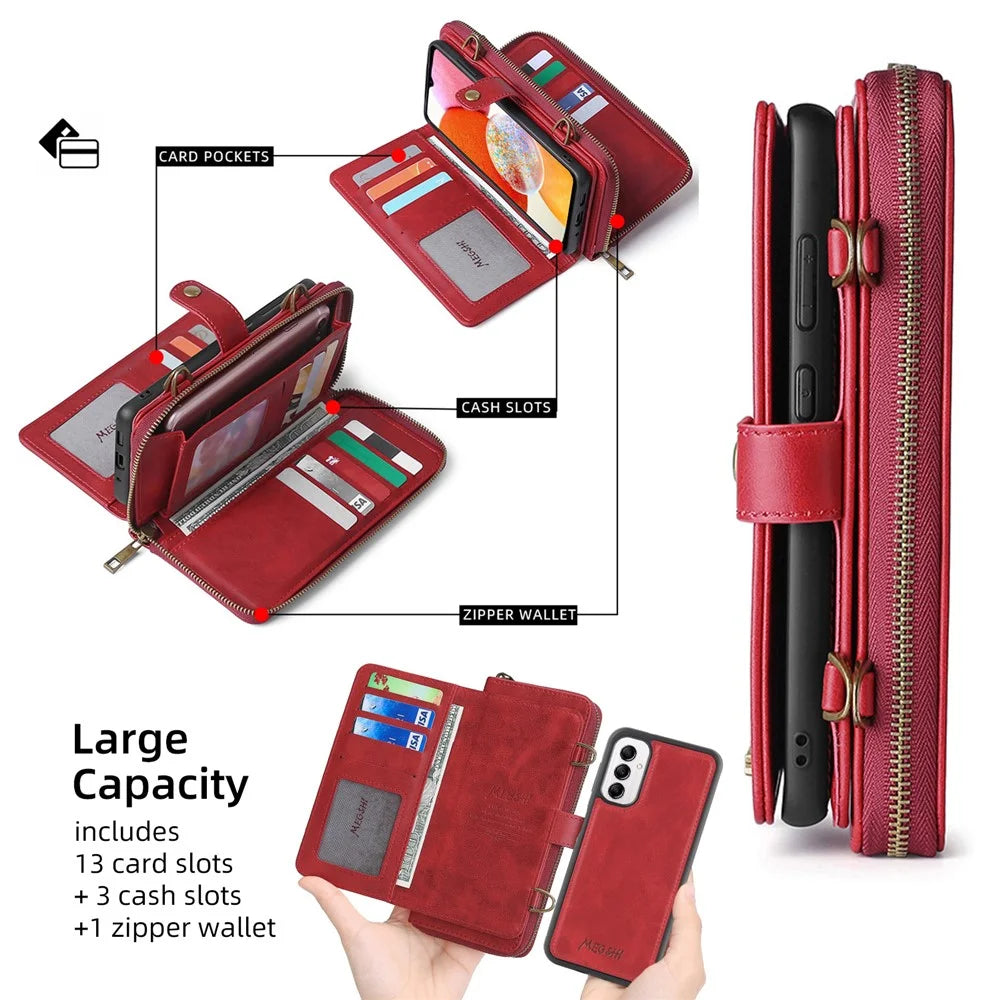 MEGSHI 020 Series for Samsung Galaxy A14 4G / 5G Leather Phone Case Detachable 2-in-1 Wallet Stand Cover - Red - 3
