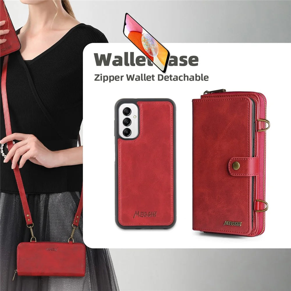 MEGSHI 020 Series for Samsung Galaxy A14 4G / 5G Leather Phone Case Detachable 2-in-1 Wallet Stand Cover - Red - 4
