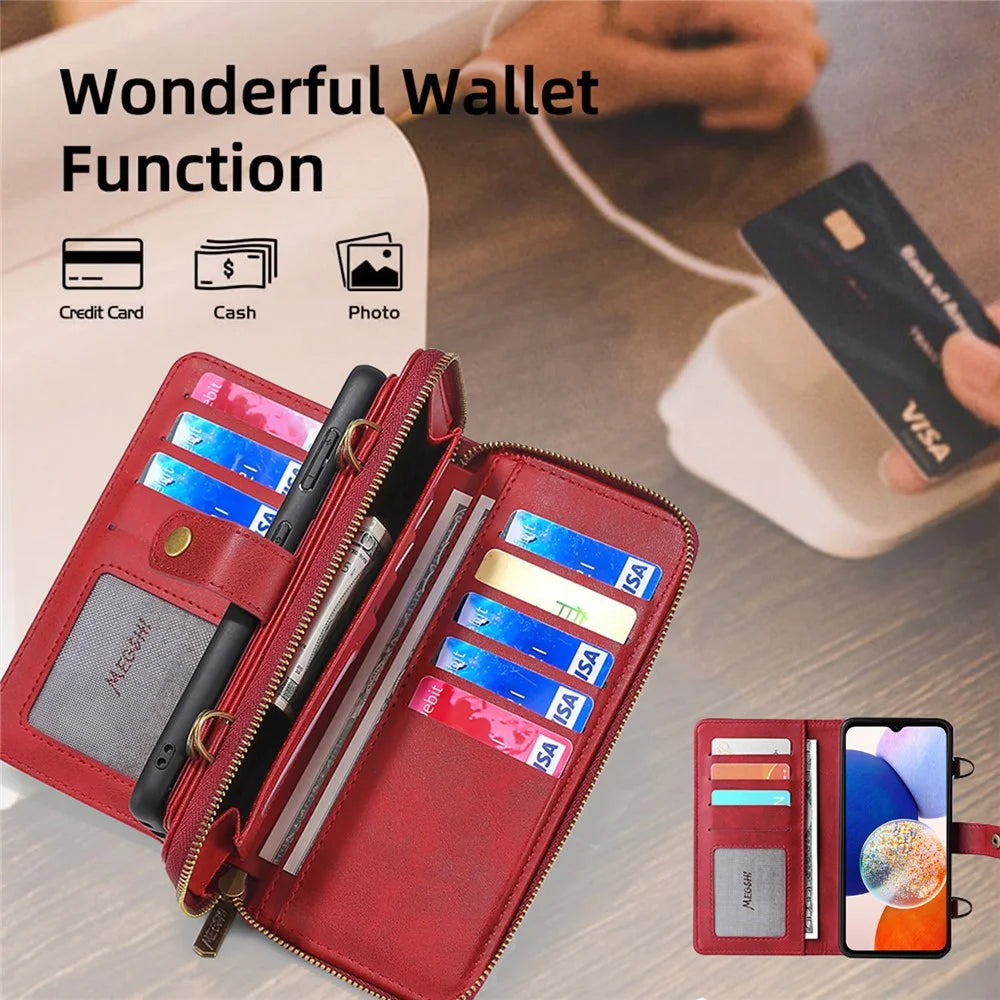 MEGSHI 020 Series for Samsung Galaxy A14 4G / 5G Leather Phone Case Detachable 2-in-1 Wallet Stand Cover - Red - 5