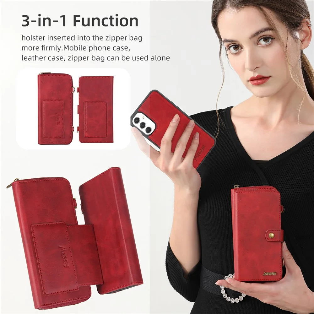 MEGSHI 020 Series for Samsung Galaxy A14 4G / 5G Leather Phone Case Detachable 2-in-1 Wallet Stand Cover - Red - 6