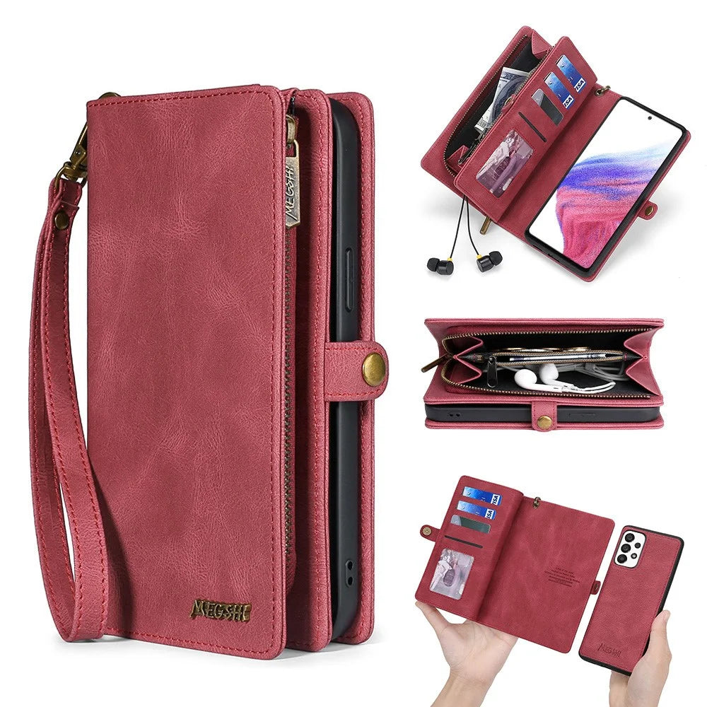 MEGSHI 017 Series For Samsung Galaxy A23 5G (Global Version) / A23 4G Detachable Magnetic Cover Zipper Wallet PU Leather Phone Case - Red - 1