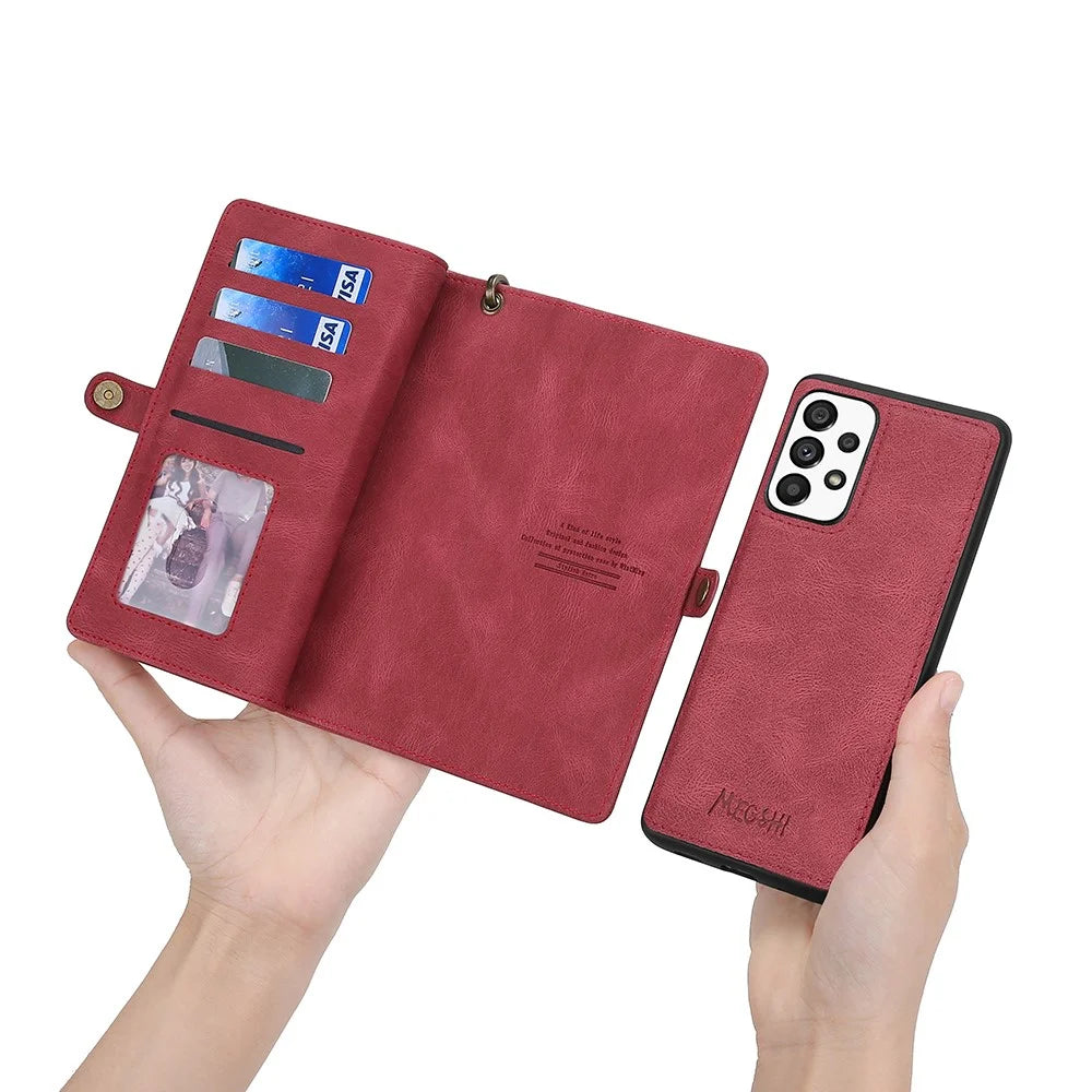 MEGSHI 017 Series For Samsung Galaxy A23 5G (Global Version) / A23 4G Detachable Magnetic Cover Zipper Wallet PU Leather Phone Case - Red - 4