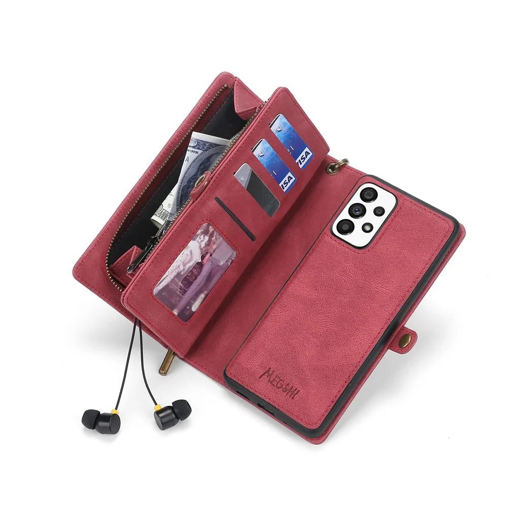 MEGSHI 017 Series For Samsung Galaxy A23 5G (Global Version) / A23 4G Detachable Magnetic Cover Zipper Wallet PU Leather Phone Case - Red - 5