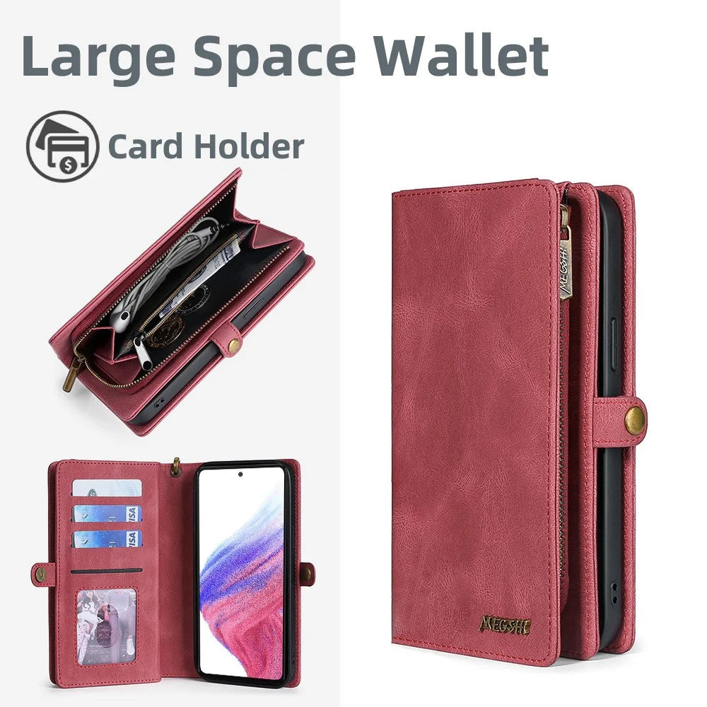 MEGSHI 017 Series For Samsung Galaxy A23 5G (Global Version) / A23 4G Detachable Magnetic Cover Zipper Wallet PU Leather Phone Case - Red - 6
