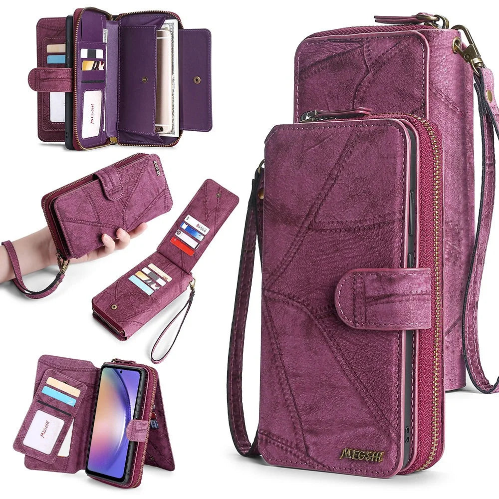 MEGSHI 004 Series For Samsung Galaxy A14 4G / 5G Zipper Wallet Case Detachable PU Leather Stand Phone Cover - Wine Red - 1