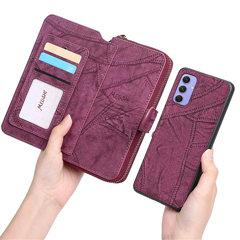 MEGSHI 004 Series For Samsung Galaxy A14 4G / 5G Zipper Wallet Case Detachable PU Leather Stand Phone Cover - Wine Red - 3