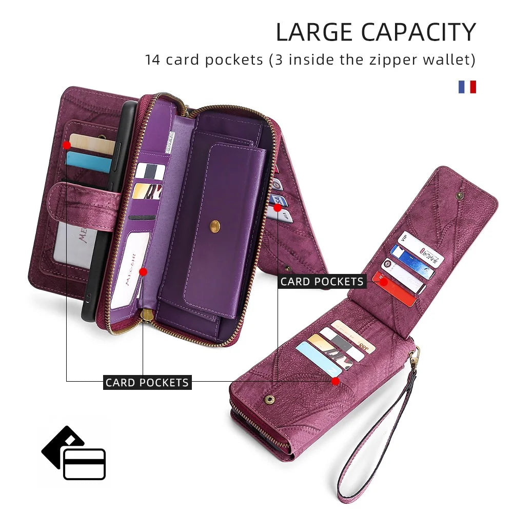 MEGSHI 004 Series For Samsung Galaxy A14 4G / 5G Zipper Wallet Case Detachable PU Leather Stand Phone Cover - Wine Red - 6