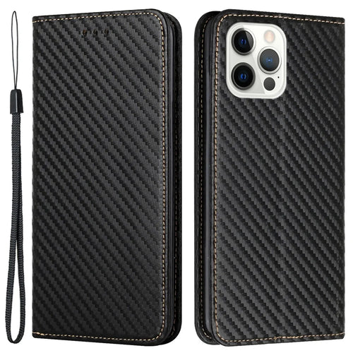 For iPhone 15 Pro Carbon Fiber Texture PU Leather+TPU Wallet Case Stand Phone Cover - Black - 1