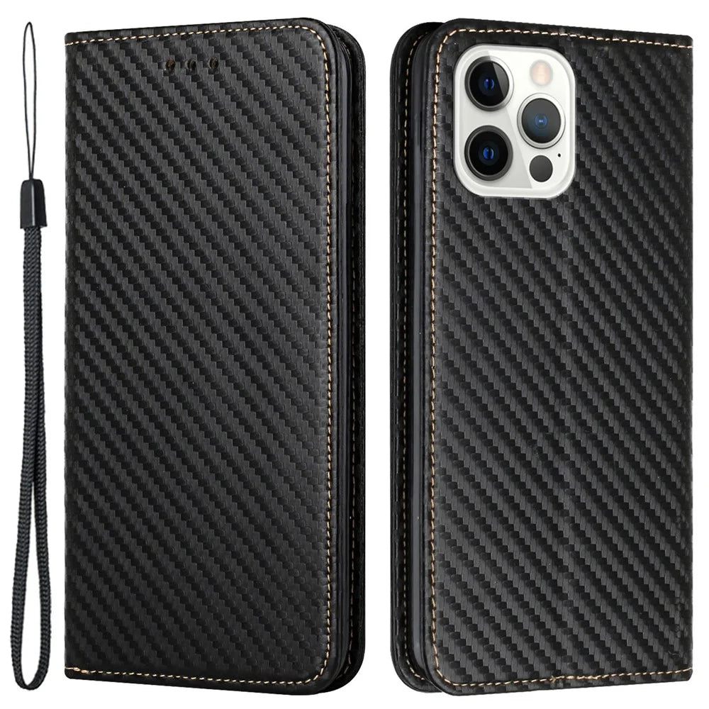 For iPhone 15 Pro Max Carbon Fiber Texture PU Leather+TPU Wallet Case Foldable Stand Phone Cover - Black - 1