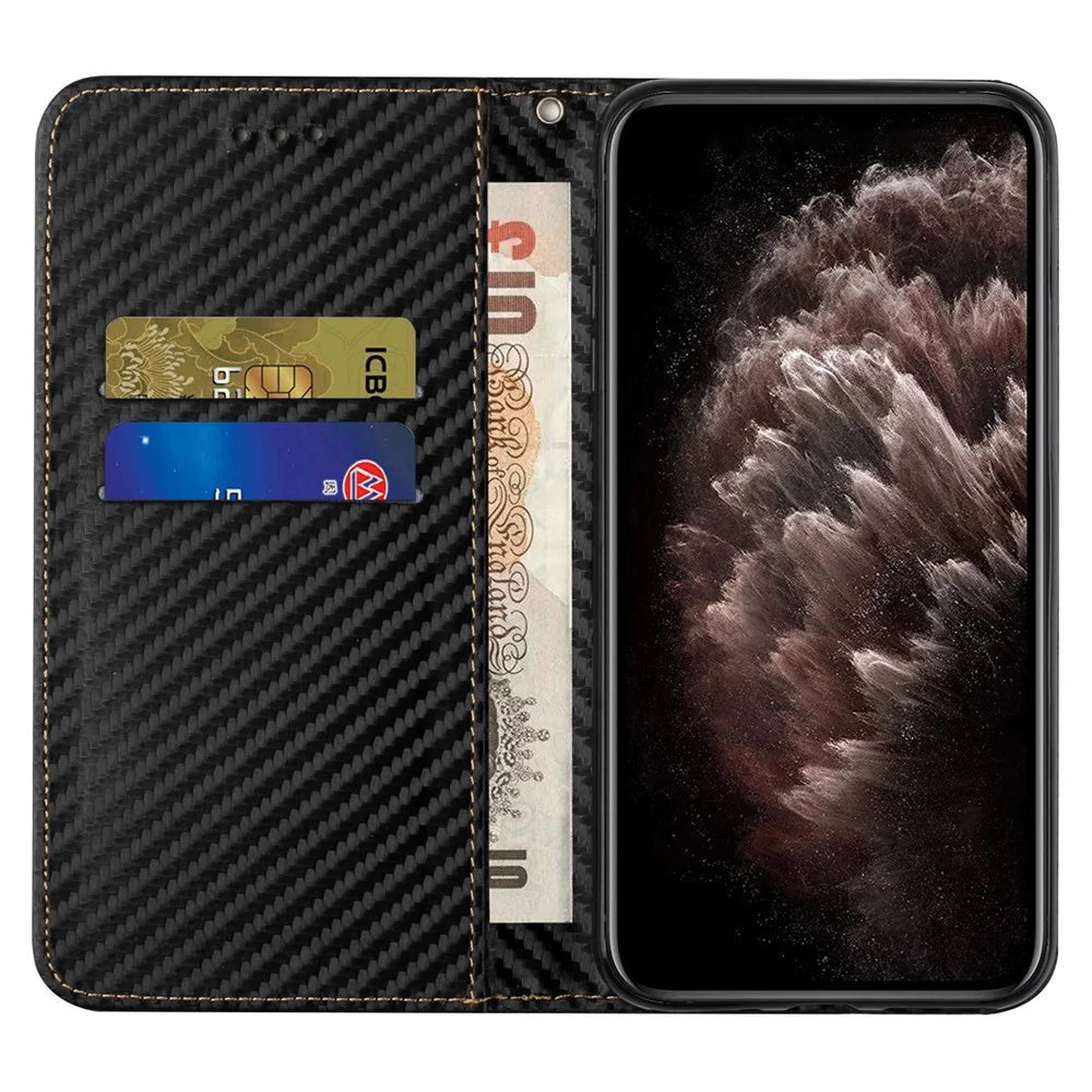 For iPhone 15 Pro Max Carbon Fiber Texture PU Leather+TPU Wallet Case Foldable Stand Phone Cover - Black - 2
