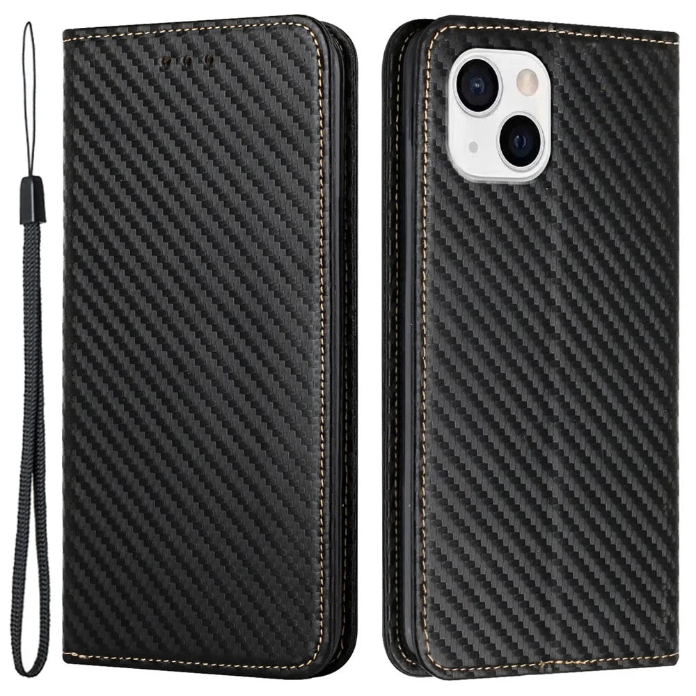 For iPhone 15 Carbon Fiber Texture PU Leather+TPU Wallet Case Viewing Stand Phone Cover - Black - 1