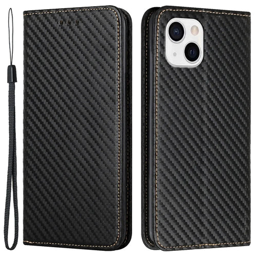 For iPhone 15 Carbon Fiber Texture PU Leather+TPU Wallet Case Viewing Stand Phone Cover - Black - 1