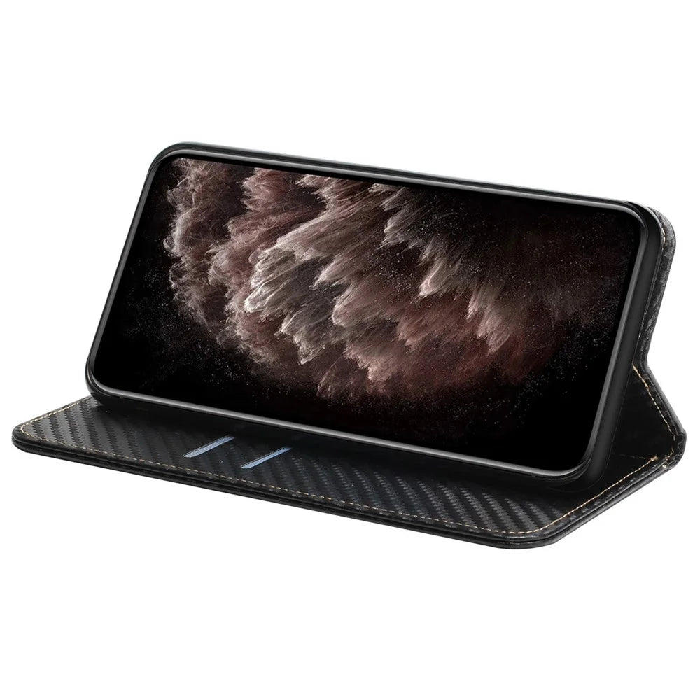 For iPhone 15 Carbon Fiber Texture PU Leather+TPU Wallet Case Viewing Stand Phone Cover - Black - 3