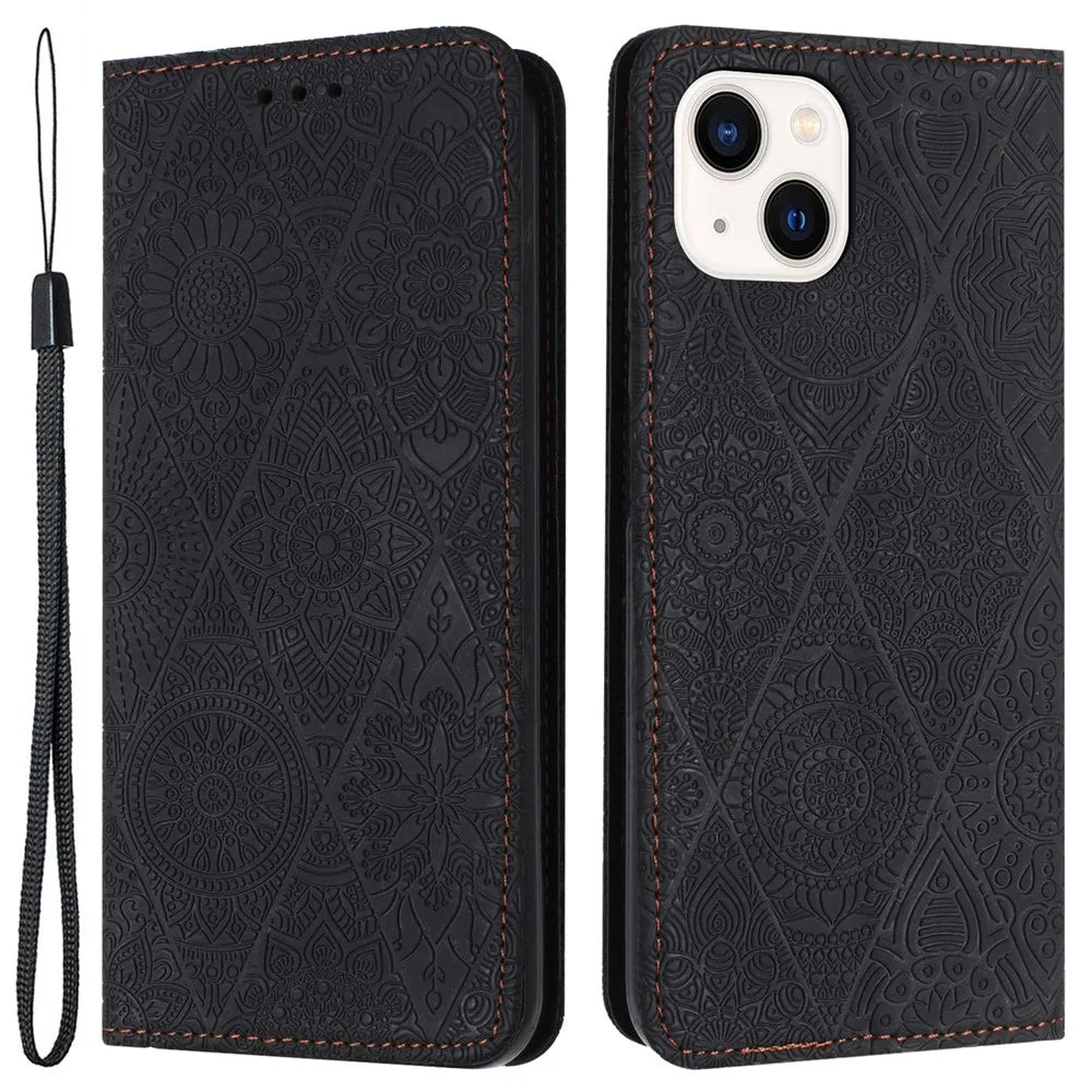 Wallet Case for iPhone 15 Fully Wrapped PU Leather Retro Flower Imprinted Phone Stand Cover - Black - 1