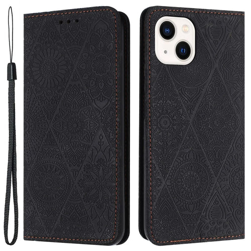 Wallet Case for iPhone 15 Fully Wrapped PU Leather Retro Flower Imprinted Phone Stand Cover - Black - 1