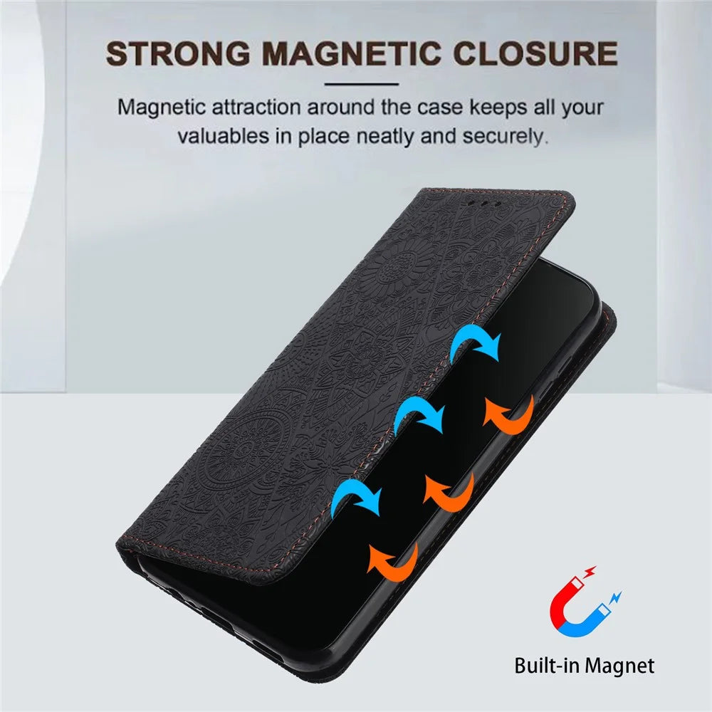 Wallet Case for iPhone 15 Fully Wrapped PU Leather Retro Flower Imprinted Phone Stand Cover - Black - 6
