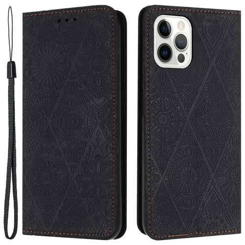 Wallet Case for iPhone 15 Pro Stand Shell PU Leather Retro Flower Imprinted Phone Cover - Black - 1
