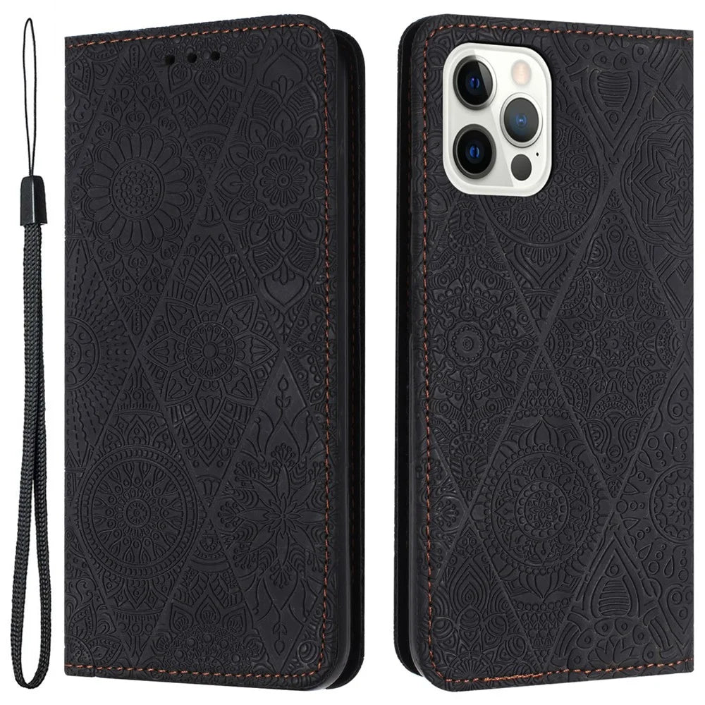 Wallet Case for iPhone 15 Pro Stand Shell PU Leather Retro Flower Imprinted Phone Cover - Black - 1