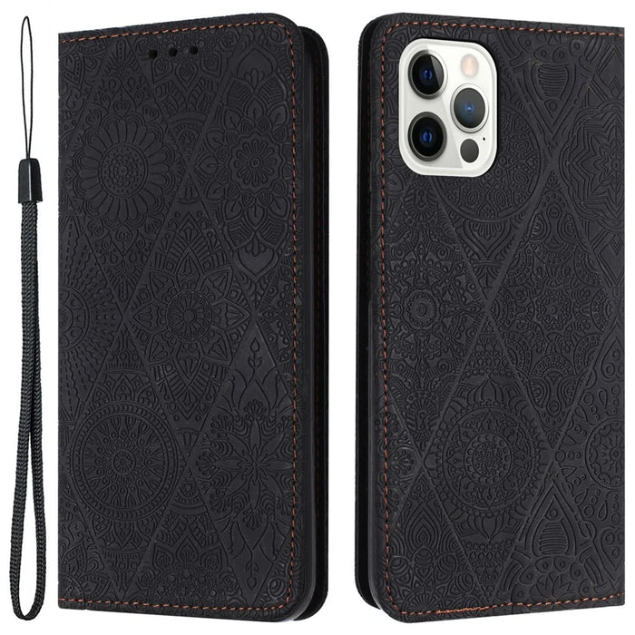 Wallet Case for iPhone 15 Pro Stand Shell PU Leather Retro Flower Imprinted Phone Cover - Black - 1